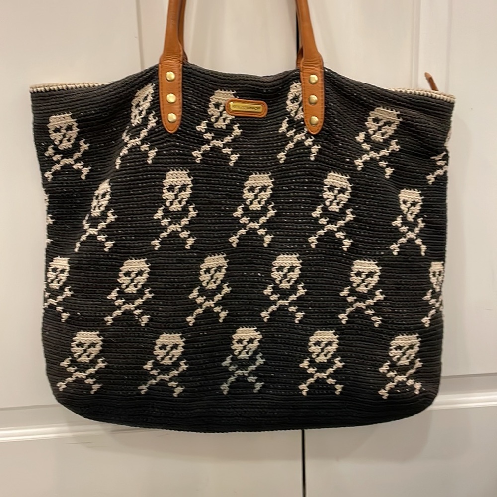 Rebecca Minkoff - crocheted skull tote, black & white with tan leather